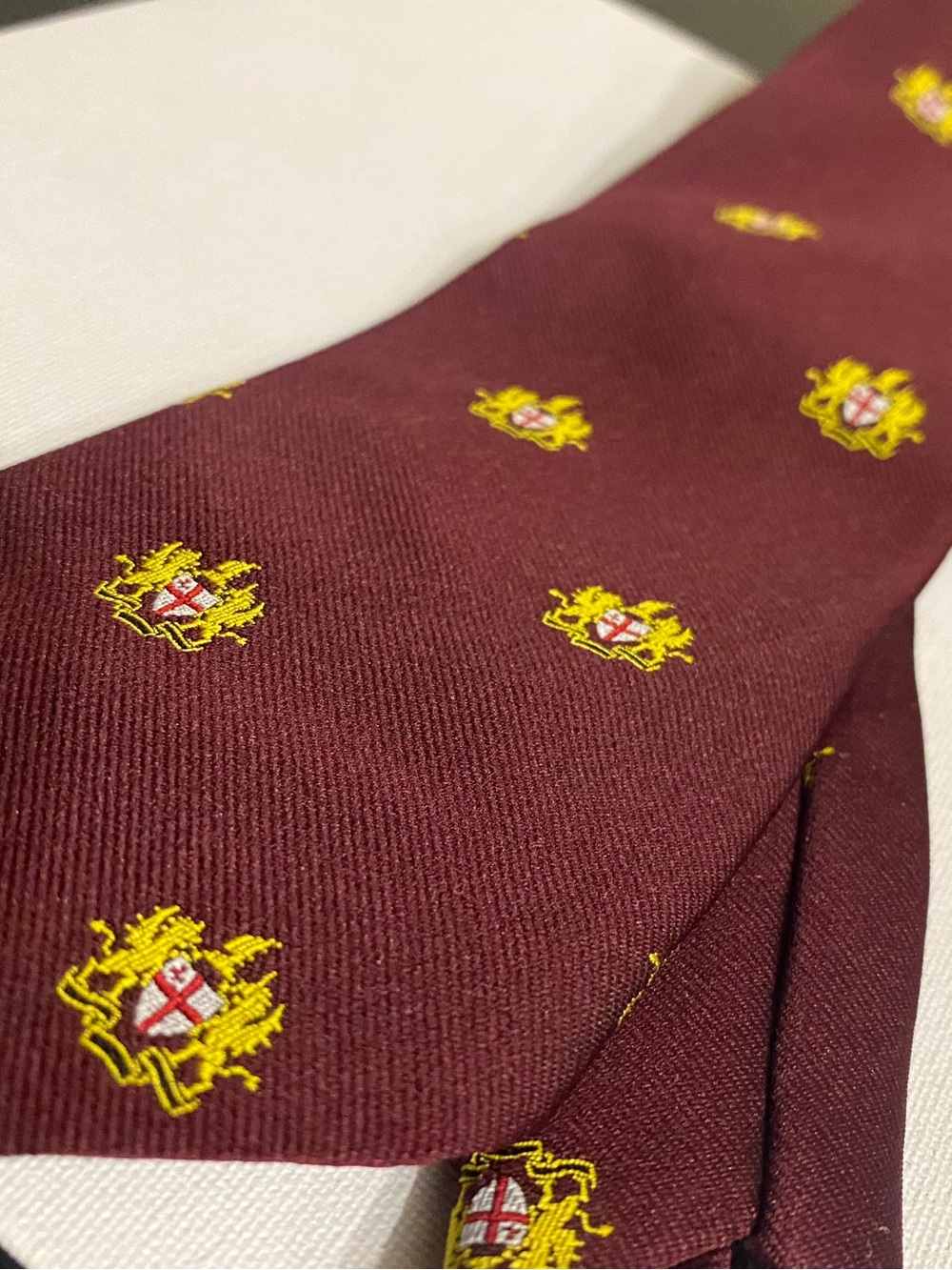 Source Unknown Burgundy Tie with Gold Crest Embroidery